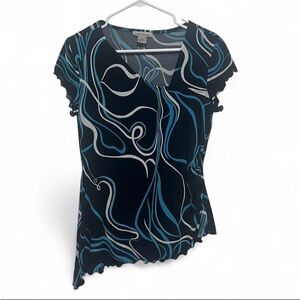 Business casual blue and black abstract blouse Size M